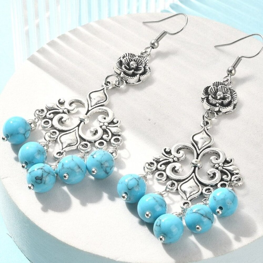 NWOT  Chandelier Drop Dangle Boho Gypsy earring W roses flower turquoise howlite